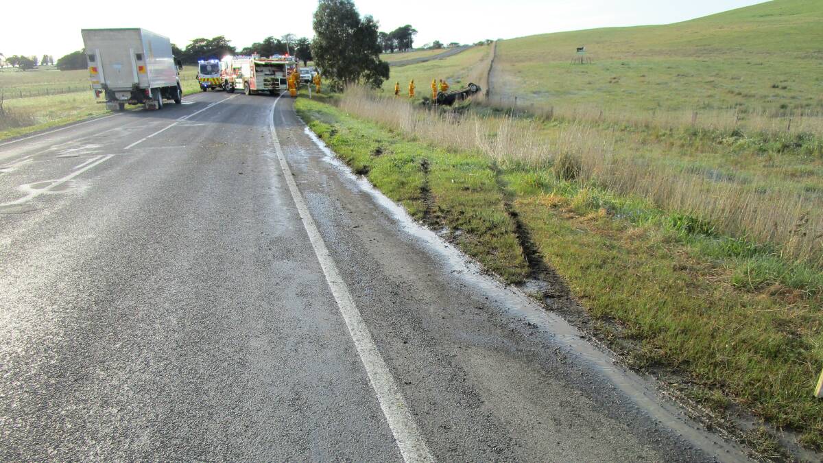 The accident scene along the Glenelg Highway on Sunday morning about 10 kilometres west of Coleraine 