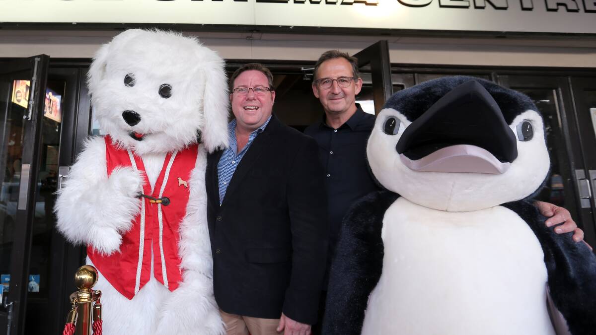 Oddball star Shane Jacobson and producer Richard Keddie with the Oddball and Penguin mascots at the movies premiere. Picture: Rob Gunstone