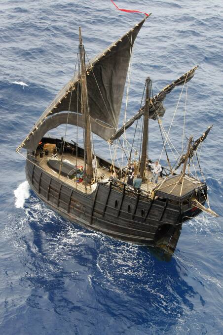 SETTING SAIL: The replica Portuguese caravel takes to the open sea from Port Fairy in 2012. Picture: Rob Gunstone.