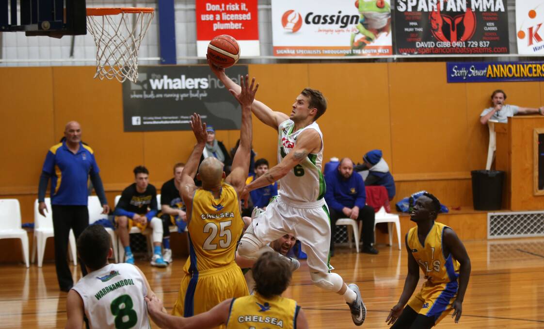 FLYING HIGH: Star Nathan Sobey was top scorer with 38 points in the Warrnambool Seahawks win over the Chelsea Gulls. Picture: Amy Paton
