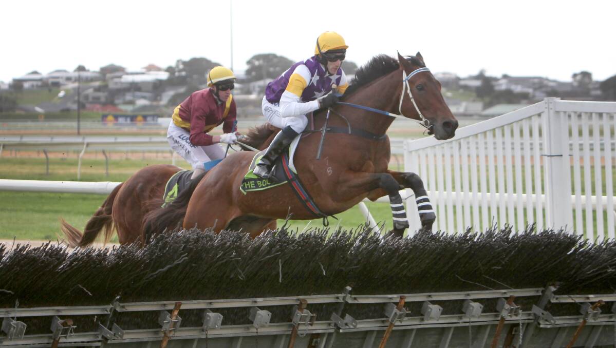LEAP: Vatuvei clears a hurdle on his way to winning a restricted $25,000 hurdle at Warrnambool Racecourse on Saturday. Picture: Aidan Fawkes