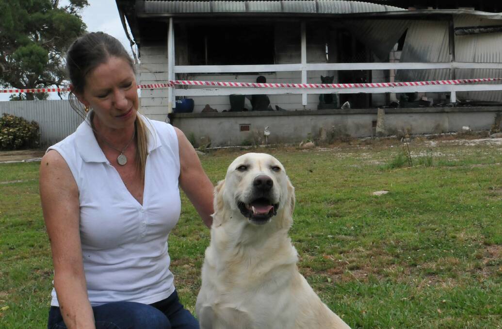 Buddy the hero: Red Range resident Judy Scrivener with her hero Buddy after fire tore through their home on Friday.