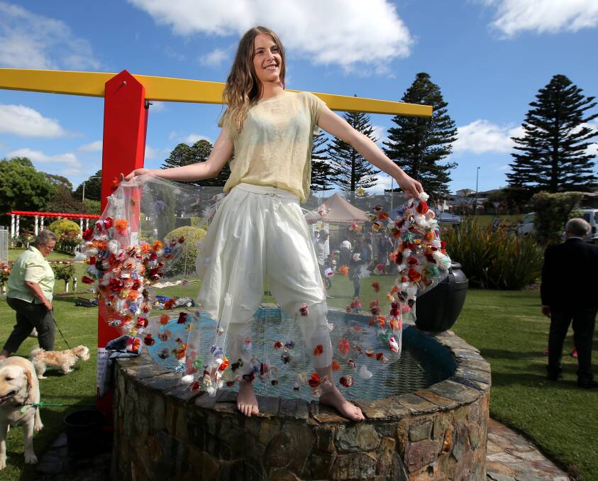MODEL BEHAVIOUR: Cama Hanrahan, from Lavers Hill, displays her flower dress which was made for the parade and garden party. Picture: Rob Gunstone