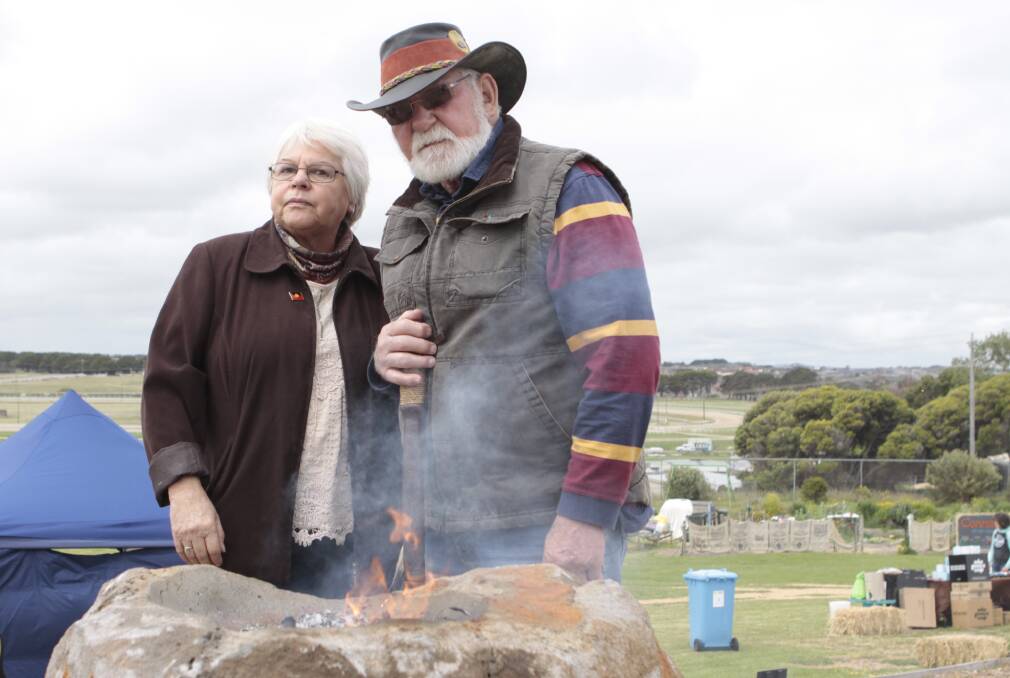 Aboriginal elders Daphne and Rob Lowe Snr at the smoking ceremony and indigenous acknowledgement seat declaration.   