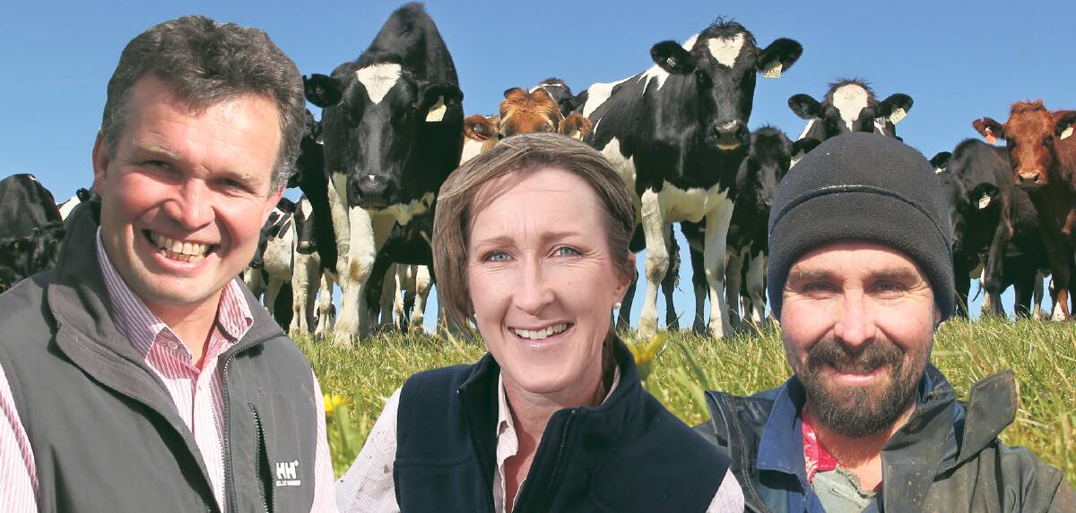 Dairy farmers: Harper Kilpatrick, Lisa Dwyer and Craig Dwyer are the western region supplier directors for the MG board. Photo: Digitally altered