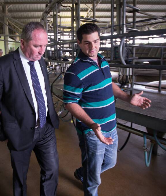 FARM VISIT: Agriculture Minister Barnaby Joyce is following through with a promise to discussing dairy-crisis solutions with industry leaders this month. Picture: Jason South