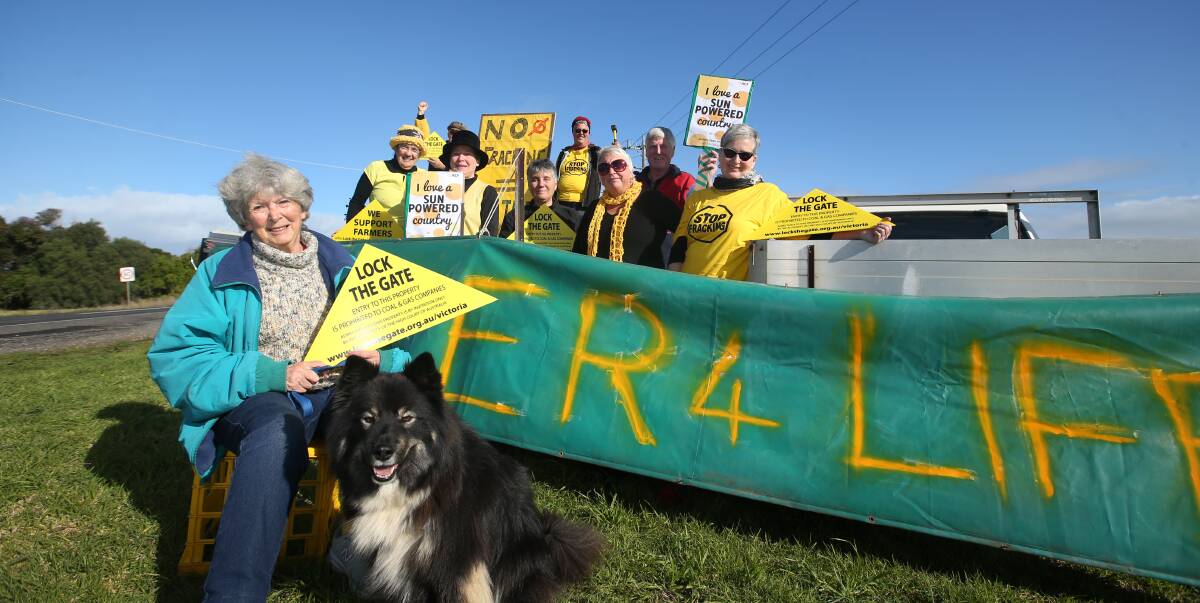 Lock the gate: Fracking protesters made a colorful protest in Rosebrook to support farmers against unconventional gas mining in the south-west and across Victoria. Picture: Amy Paton