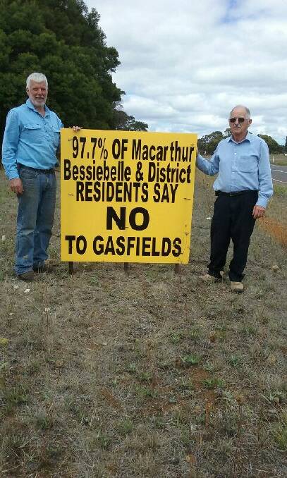 Taking a stand: David Thompson and Peter Cook of Macarthur and Bessiebelle say "No" to gas field mining. Photo: Supplied