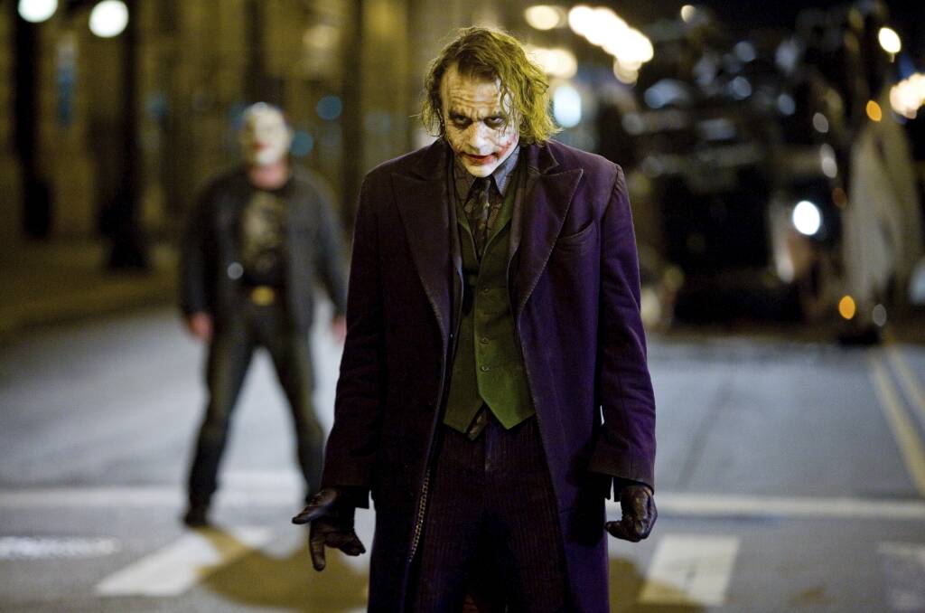 Heath Ledger as The Joker in The Dark Knight, the best superhero movie of ever.