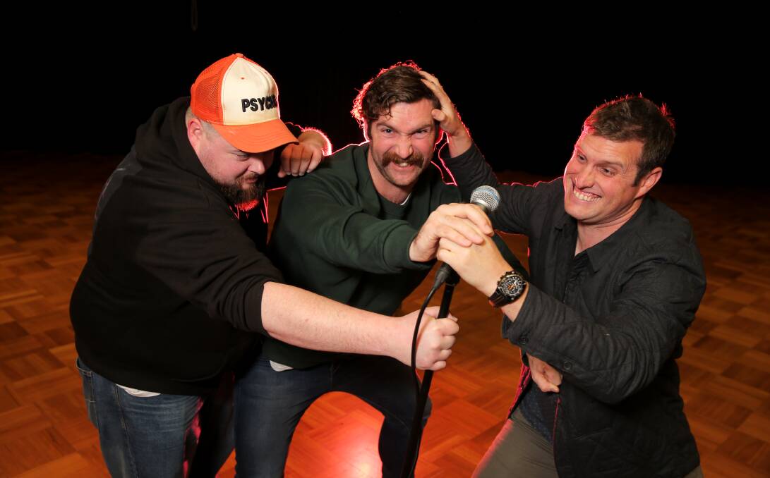 LAUGH IN: Local comedians Sheldon Hampstead, Scott Bartlett, and Aidan Nicolson will be fighting cancer - and not each other - when they take to the stage at the Lighthouse Theatre on Saturday night. Picture: Rob Gunstone