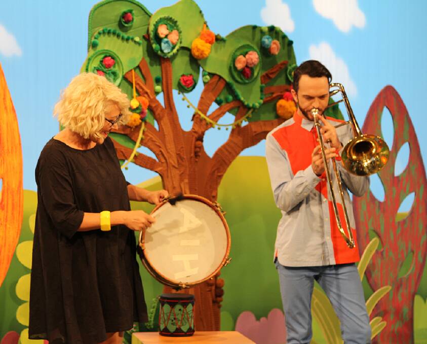Kelly Sutherland and Gus Franklin of Architecture In Helsinki perform Big Bass Drum on Playschool as part of the show's 50th anniversary. Picture supplied by the ABC.