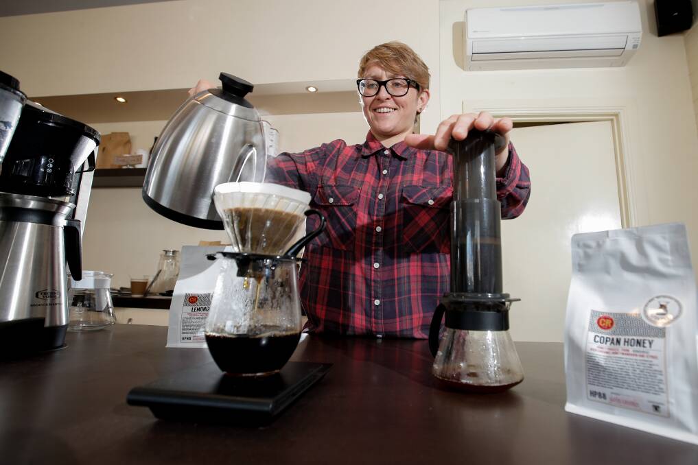 GOOD BREW: Katie Holman of Sterling Espresso showed people how it was done at a coffee-making class for the Port Fairy Winter Weekend. Picture: Rob Gunstone