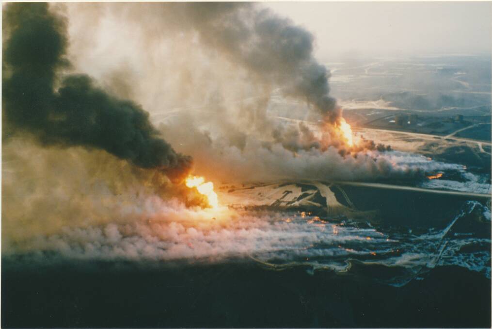 A shot from Lessons Of Darkness, showing the burning oilfields of Kuwait.