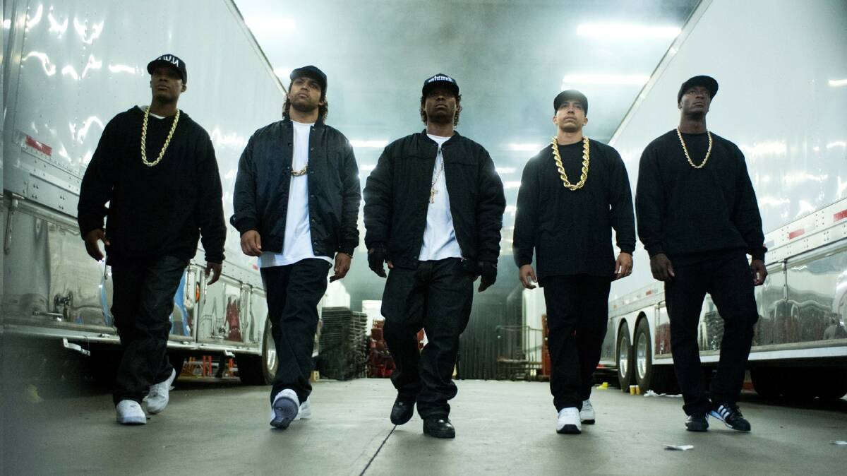 Influential rap group NWA, as portrayed by the excellent cast of the film Straight Outta Compton.