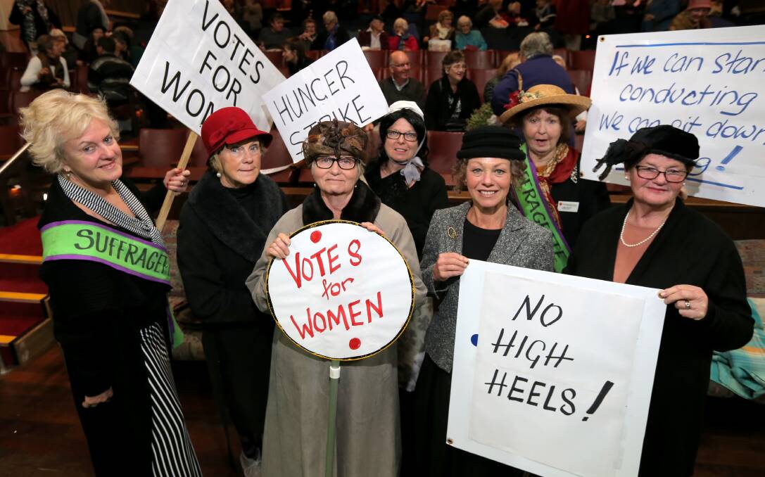 GIRL POWER: Movie-goers at the screening of Suffragette got in the spirit of things by dressing up in clothes of the era. Picture Rob Gunstone.
