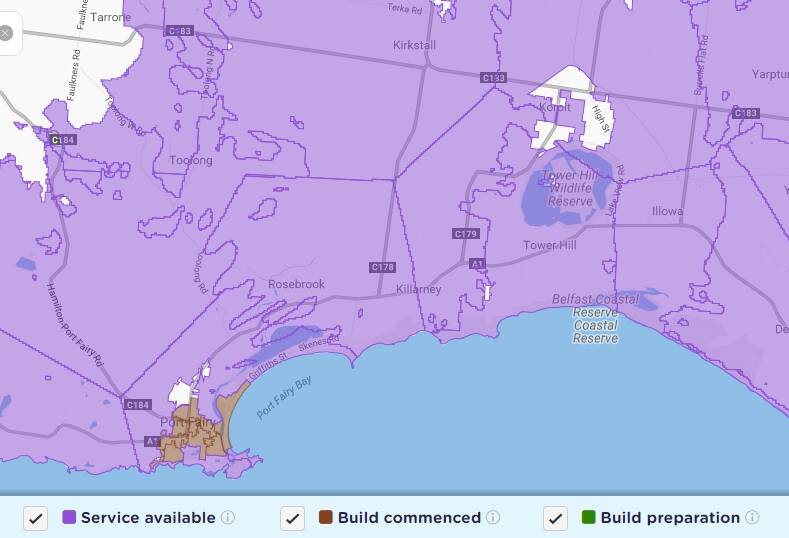 This screenshot from nbn.com.au (taken January 17) shows where works are yet to begin in Koroit and Port Fairy. The white section in the top left-hand corner indicates a satellite-only area. 