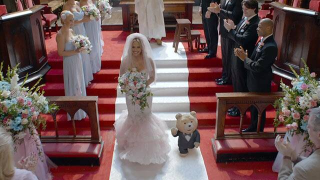 Ted (voiced by Seth MacFarlane) and Tami-Lynn (Jessica Barth) get married in Ted 2.
