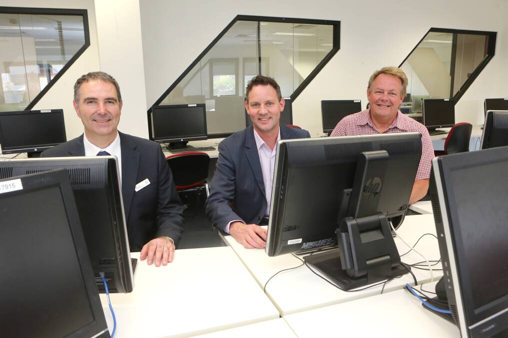 West Vic Staffing Solutions chief executive Dean Luciani, South West Tafe chief executive Mark Fidge and Brophy chief executive Francis Broekman are teaming up to create 100 jobs in 100 days. Picture: Amy Paton