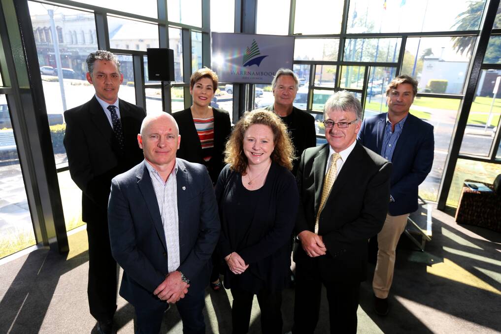 The new Warrnambool City Council (from left) Michael Neoh, Peter Hulin, Sue Cassidy, Kylie Gaston, David Owen, Robert Anderson, and Tony Herbert. Picture: Rob Gunstone