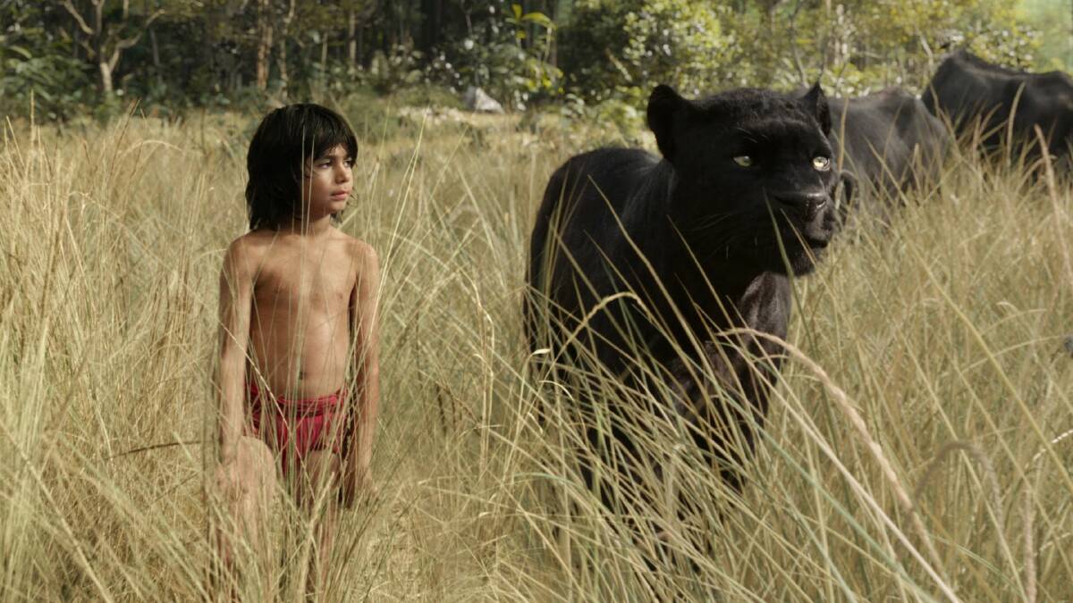 Mowgli (Sethi) and Bagheera (voiced by Kingsley) in The Jungle Book.