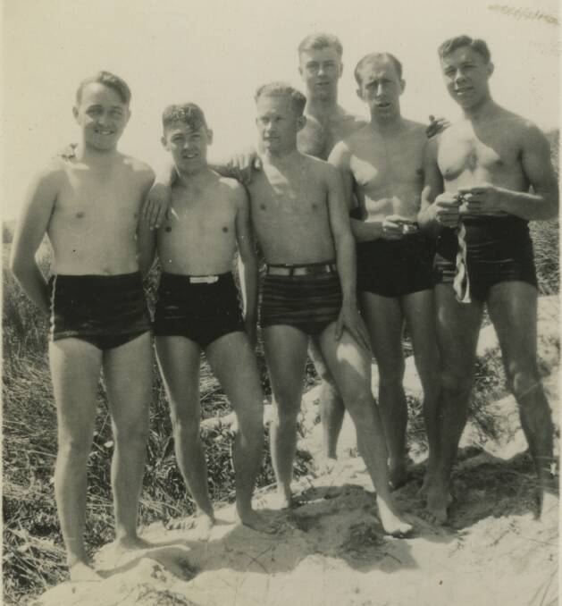 BEACH BOYS: Snapped in 1938 at the Warrnambool beach were (from left) Ken Twaddle, Jim Lawrence, Laurie Murnane, Don Somervaille, Bob Harper, and Jack Pearce. Picture: Warrnambool & District Historical Society.