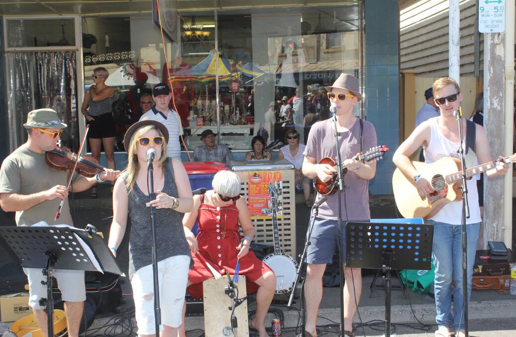 NEXT GENERATION: Melbourne band Zeon, pictured busking at the 2013 Port Fairy Folk Festival, are one of the Irish festival's headliners. Picture: Anthony Brady