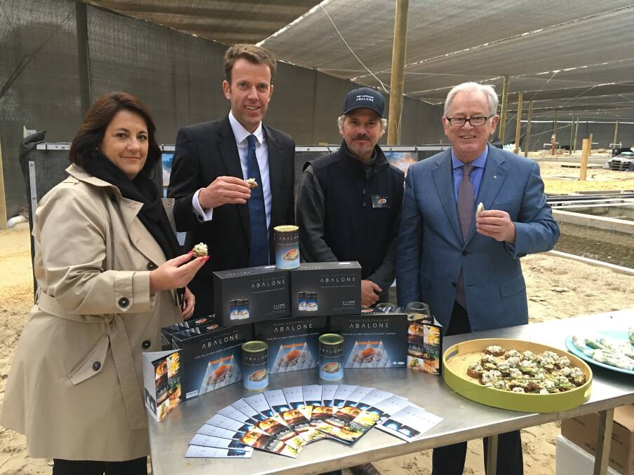 (from left) Glenelg Shire councillor Karen Stephens, Member for Wannon Dan Tehan, Coastal Seafarms' Tim Rudge, and special envoy for trade Andrew Robb at Coastal Seafarms at Allestree on Sunday.