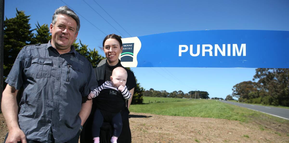 THREE GENERATIONS: Purnim resident Geoff Rollinson and his neighbours Paige Beck and baby Olivia. Picture: Amy Paton