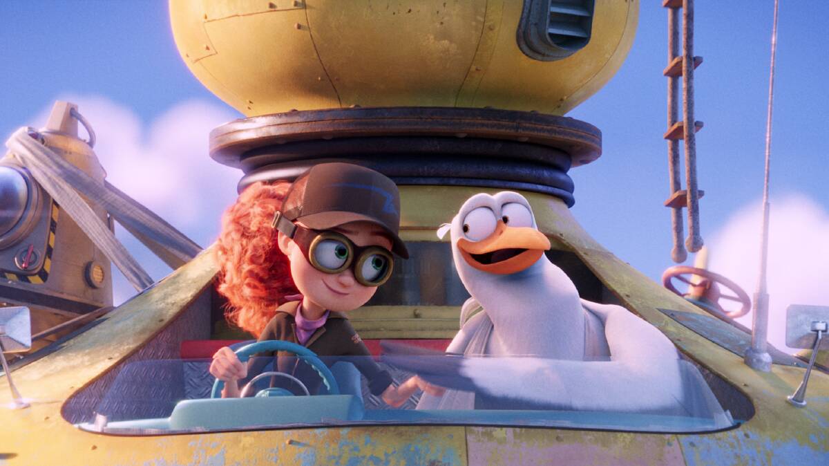 Orphan Tulip (Katie Crown) and Junior the Stork (Adam Samberg) head off on a baby-delivering adventure in Storks.