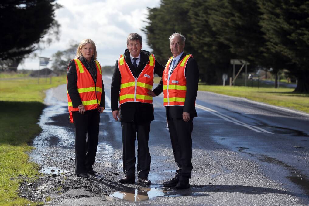 Road fix: Member for Western Victoria Gayle Tierney, Minister for Roads Luke Donnellan, and local MP James Purcell in Ellersie announcing a $44 million roads funding package. Picture: Rob Gunstone