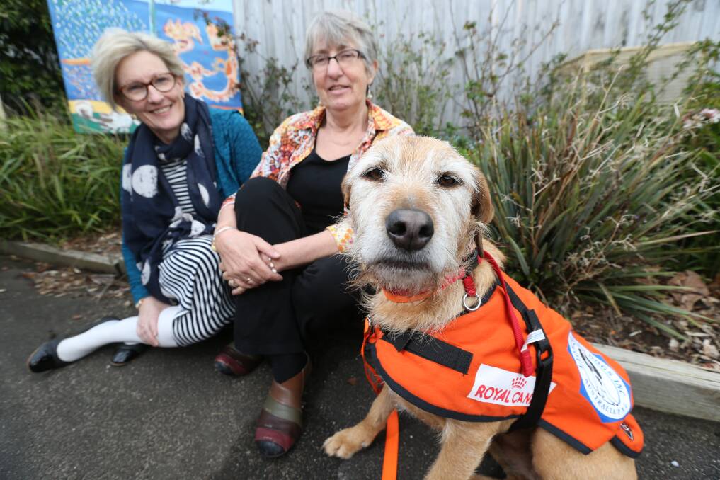 Zara the Lions hearing dog with owner Erica Smith, an Mpower deaf access worker, and Mpower chief executive officer Kerry Nelson. Picture: Vicky Hughson