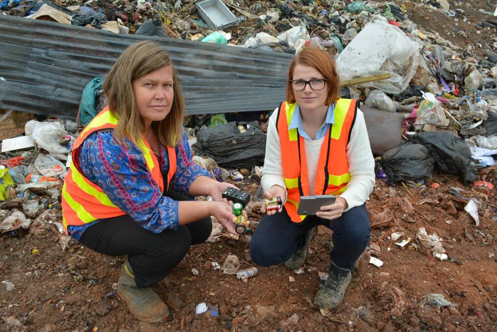 Warrnambool City Council waste management officer Kate McInnes and Corangamite Shire environment co-ordinator Belinda Bennett with batteries often found at the Naroghid Landfill site.
