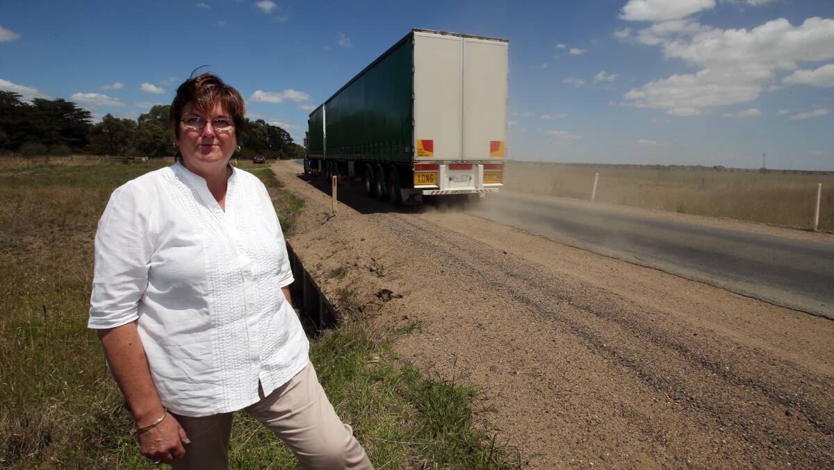 Corangamite Shire councillor Ruth Gstrein stands at a narrow section of notorious Foxhow Road. Picture: Damian White