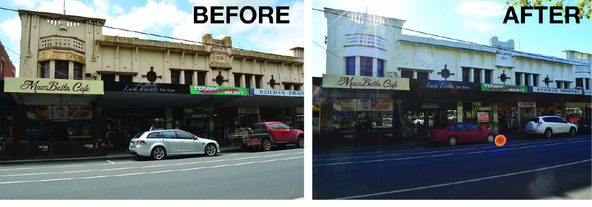 A before and after of Terang's streetscape after shop owners took up the offer of dollar-for-dollar facade improvement grants.