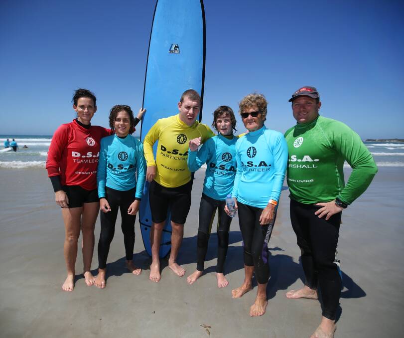 All smiles: Sarah Moncrieff, Charlie Moncrieff, Ryan Christie, Noah Ansell, Mary Page and Justin Houlihan at the first disabled surfers event in Warrnambool last year. Picture: Amy Paton