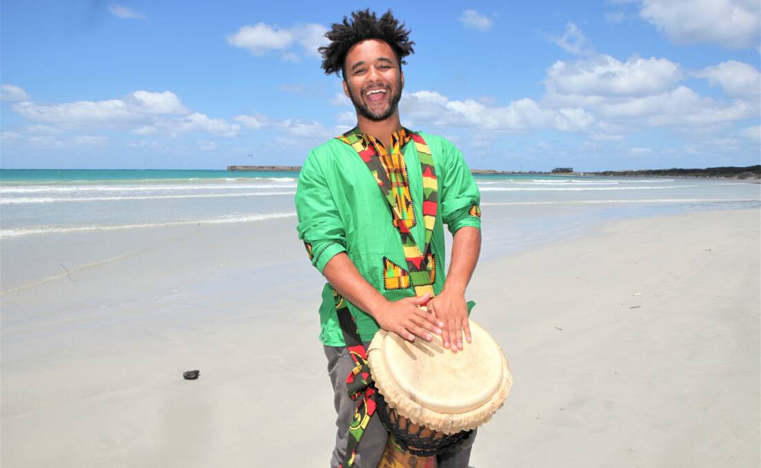 Beat: Immanuel Dreessens-Owusu, from Wild Moves, with a Djembe drum from West Africa, which was one of the instruments used in the beach drumming workshops.
