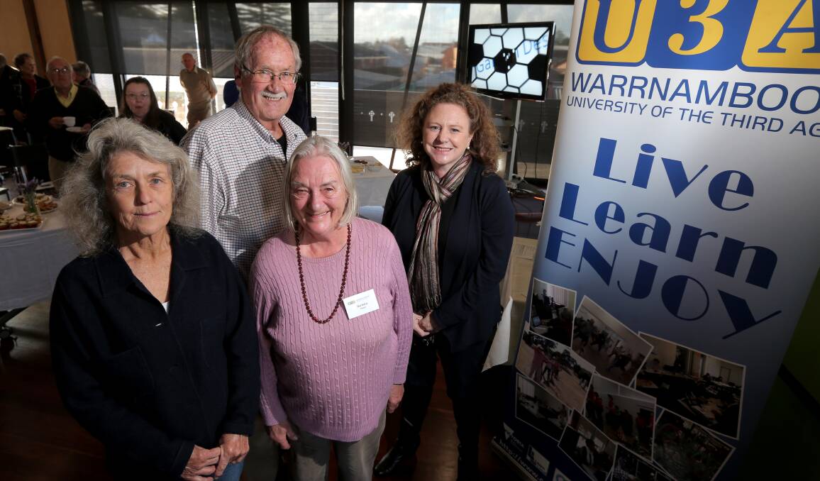 Ready to learn: Warrnambool U3A members Carole Howlett, Max Couper, and Barbara Phipps with Warrnambool mayor Kylie Gaston. Picture: Rob Gunstone