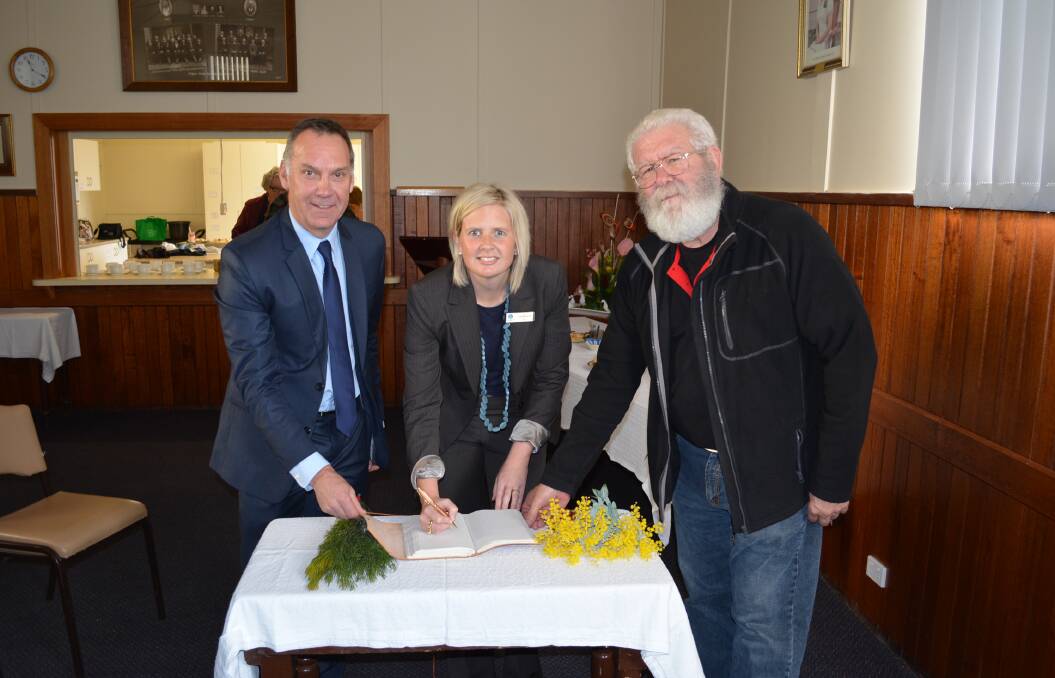 Paying tribute: Ian Coutts, from the Mullagh Wills Foundation, Corangamite Shire mayor Jo Beard and Wathaurong elder Byron Powell at the Skipton event that celebrated Australia's first cricket team.