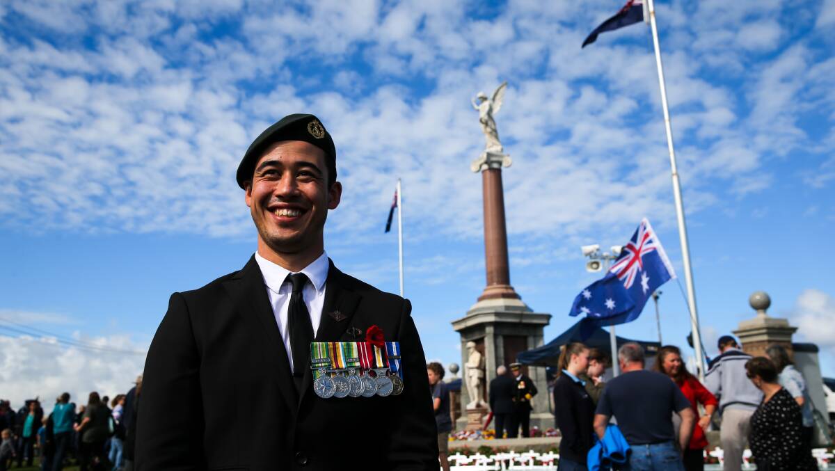 Spirit: Jon Moore, originally from Warrnambool, has served in East Timor and Afghanistan and addressed the crowd at Warrnambool's Anzac Day service. Picture: Rob Gunstone