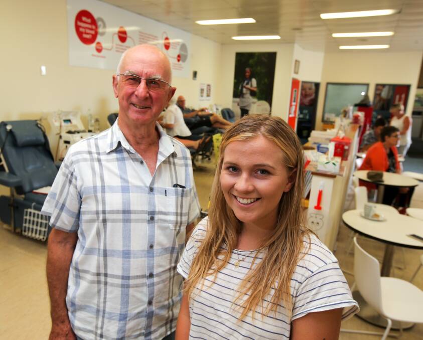 Aussie spirit: Warrnambool's oldest blood donor Alan Pritchard, 79, and youngest donor Georgia Koik, 16, are encouraging others to donate over the Australia Day holiday. Picture: Rob Gunstone