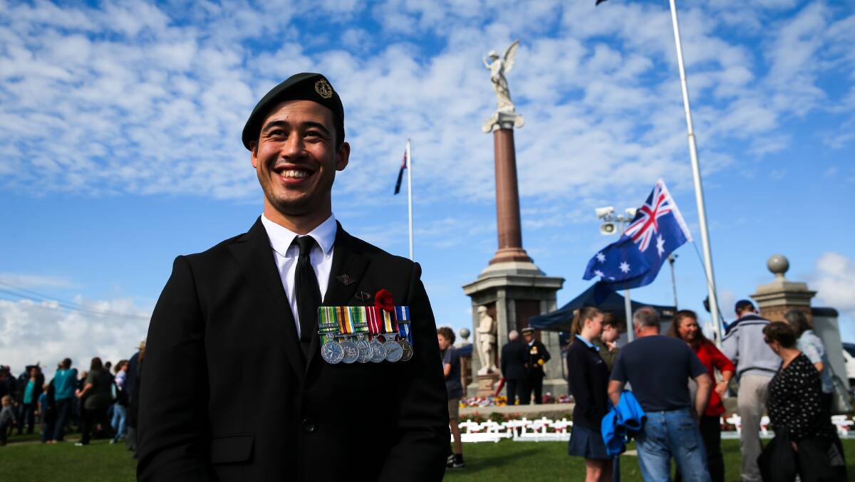 Looking to the future: East Timor and Afghanistan veteran Jon Moore at Warrnambool's Anzac Day ceremony. Mr Moore has since left the defence force, but is grateful for the experiences it offered. Picture: Rob Gunstone