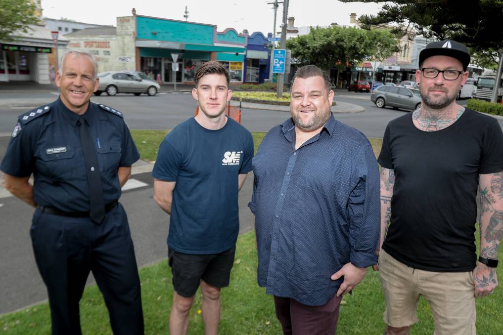 UNITED: Warrnambool police officer Inspector Gary Coombes is working with local publicans Alister Porter, Whalers Hotel, Mark McIlroy, Rafferty's Tavern, and Joshua O'Dowd, Seanchai to remove and ban violent patrons from licensed venues. Picture: Rob Gunstone