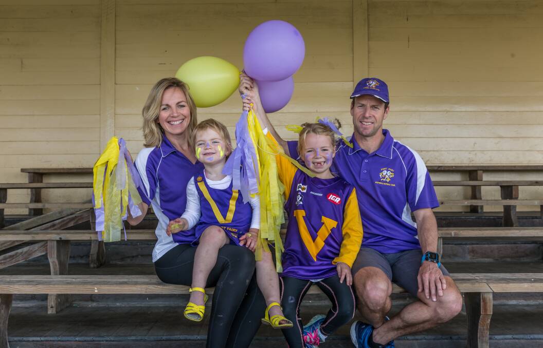 Family fun: Nicole and Dean Dwyer with daughters Bronte, 2 and Lexie, 7, will be cheering for Port Fairy in Saturday's senior football grand final against Koroit. Picture: Christine Ansorge