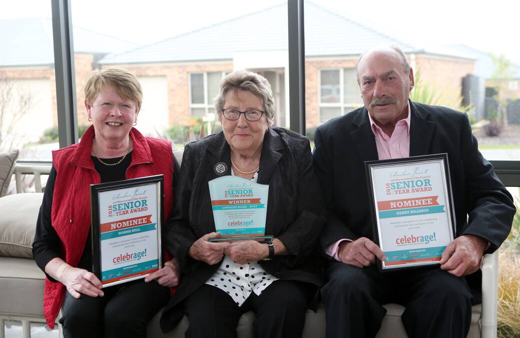 All winners: Warrnambool Senior of the Year Award recipient Lorraine Blake-Hoey (centre) and nominees Norma Bull and Gerry Billings. Picture: Amy Paton