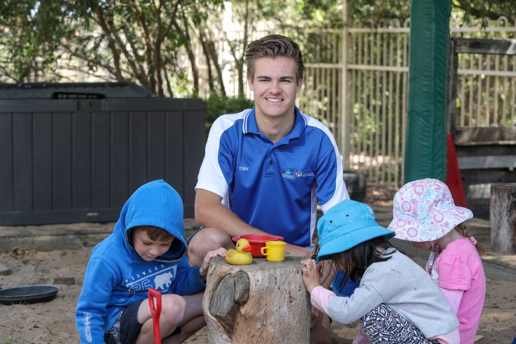 Fun: Toby Bishop is completing a traineeship at Matron Swinton Childcare Centre, as part of his South West TAFE Certificate III in Early Years Learning. Picture: Rob Gunstone