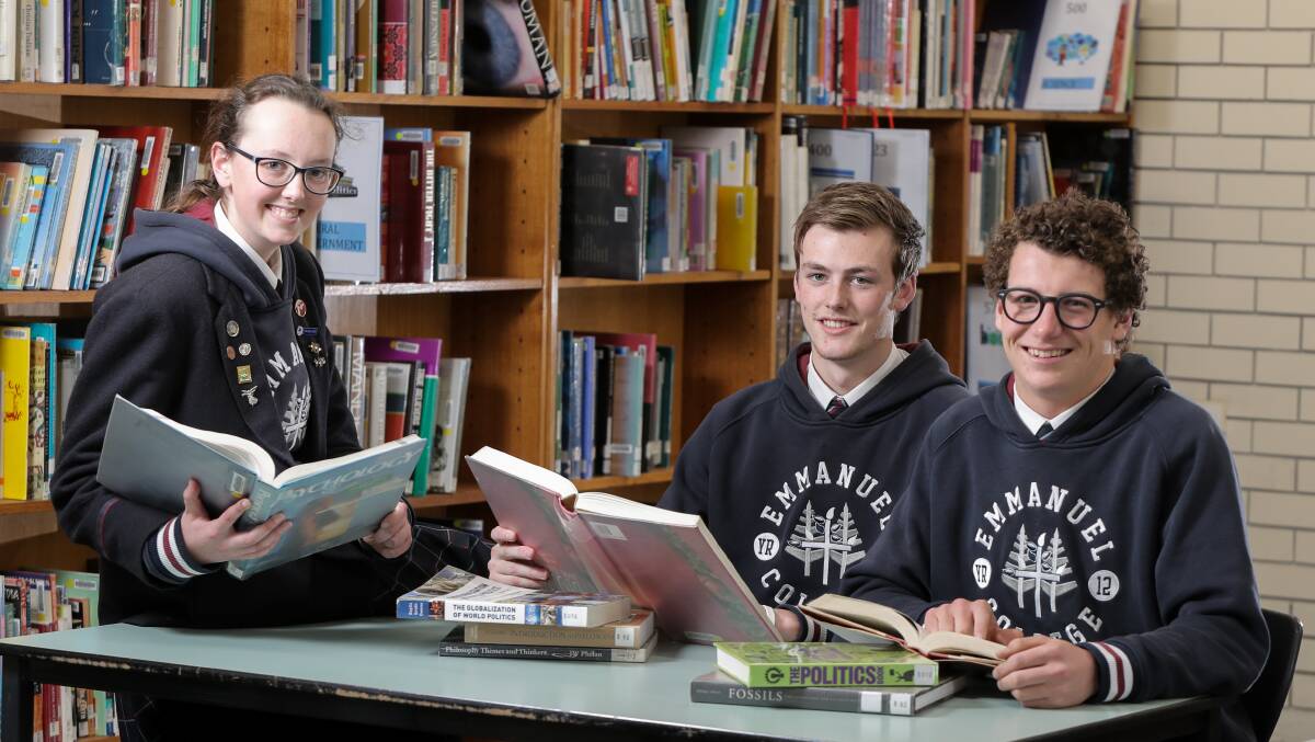 Time to shine: Emmanuel College year 12 students Sarah Zerbe, 18, Harry Johns, 17, and Matt Hardiman, 18, will attend the Access Education VCE revision lectures at Deakin University, Warrnambool. Picture: Rob Gunstone