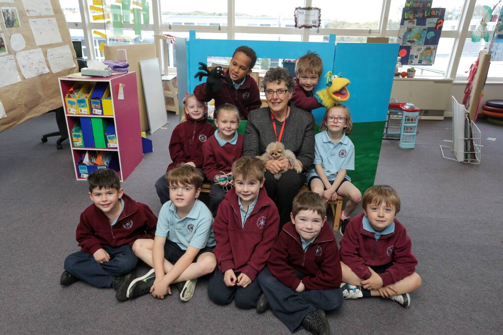 On the job: Warrnambool East Primary School year prep students welcomed Peter's Project founder Vicki Jellie who was principal for a day at the school on Thursday. Picture: Rob Gunstone