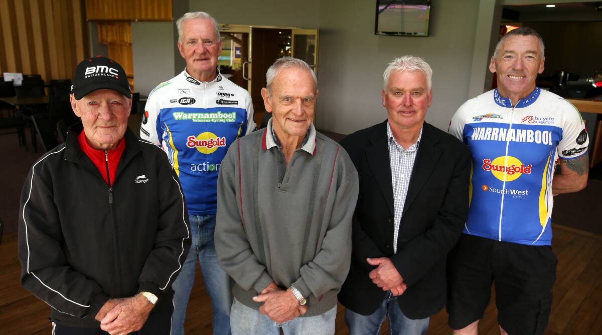 All invited: Warrnambool Veterans Cycling Club's Max Ferguson, Barry Warren, Jim Hocking, John Medley and Barry Webster prepare for the 35th birthday celebration. Picture: Rob Gunstone

