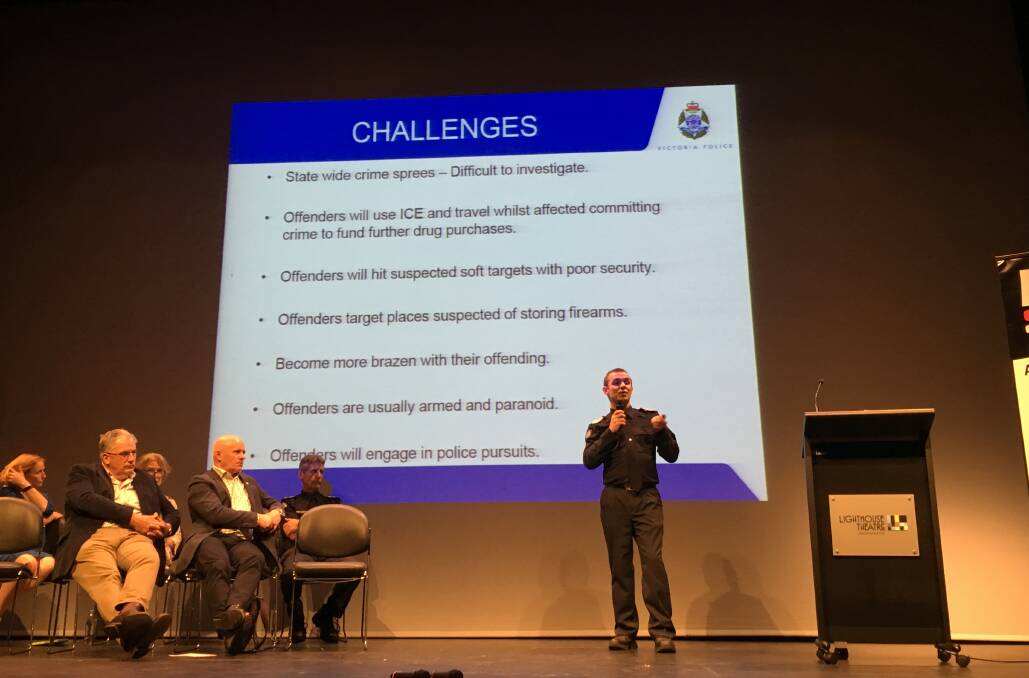 Response: Acting Senior Sergeant Chris Asenjo at an ice forum in Warrnambool which included addresses from police, health workers, agencies and a Q&A session.