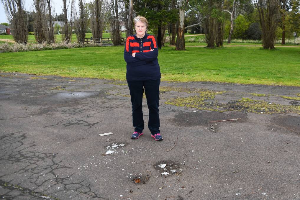 Well used: Moyne Shire councillor Jill Parker at the Mortlake Skate Park which was damaged by vandals on the weekend. Picture: Morgan Hancock